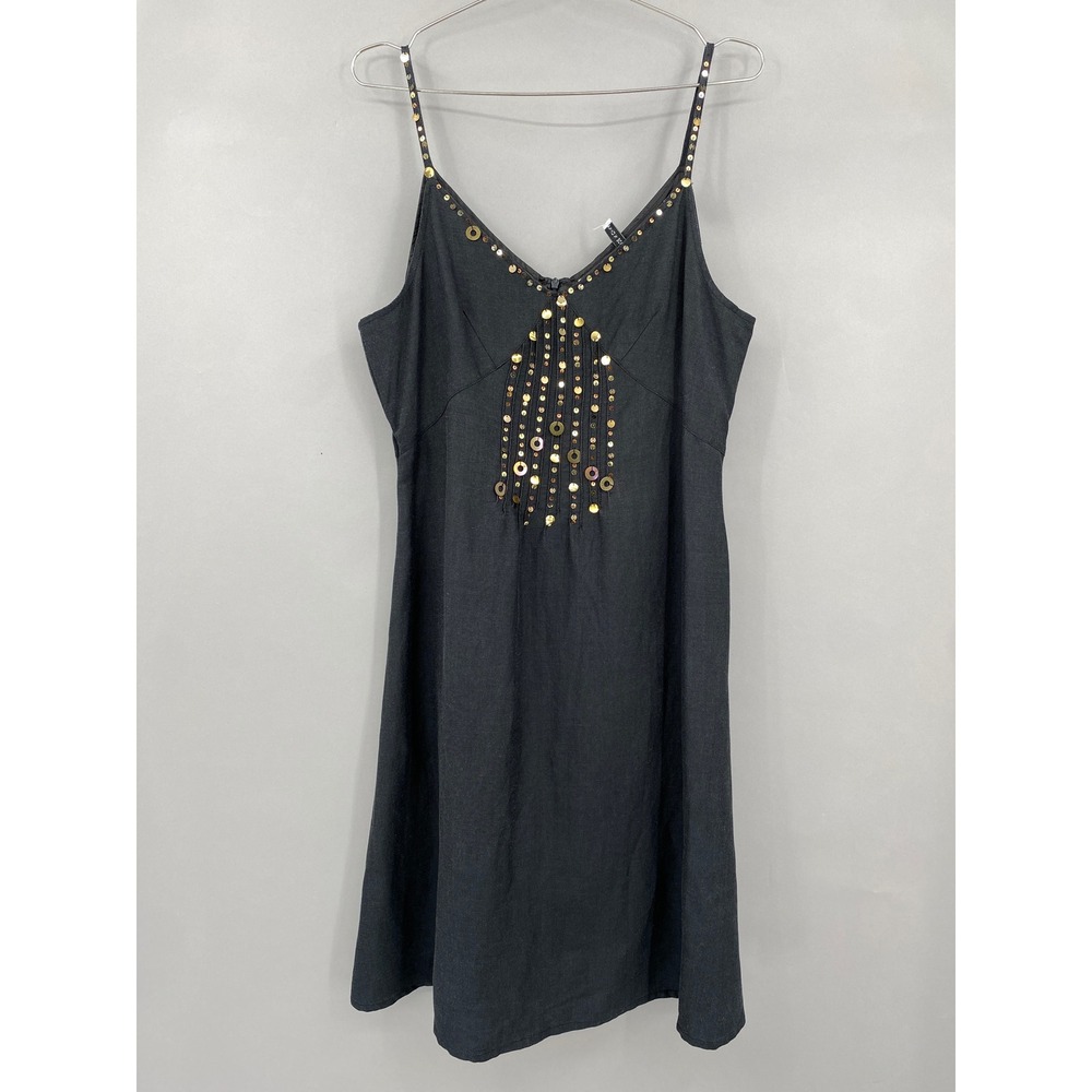 Jennifer Eden Sequin Embellished Linen Blend Dress Womens 10 Black Gold Boho